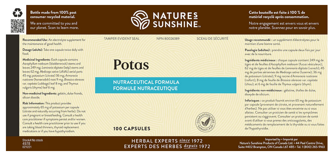 Potas Nature’s Sunshine 100 caps Back