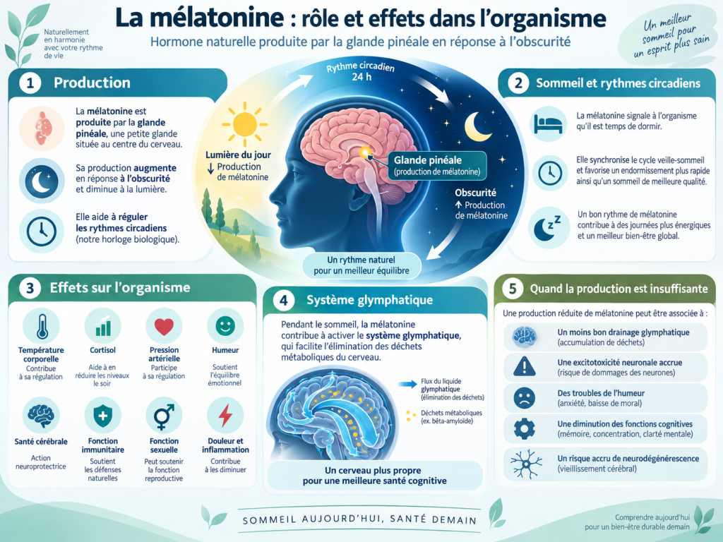 Infographie sur la mélatonine expliquant son rôle dans les rythmes circadiens, le sommeil, les effets sur l’organisme et le système glymphatique