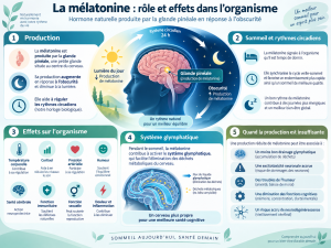 Infographie sur la mélatonine expliquant son rôle dans les rythmes circadiens, le sommeil, les effets sur l’organisme et le système glymphatique