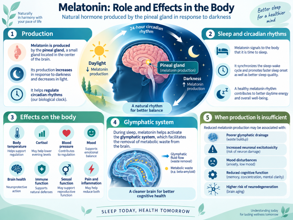 Infographic about melatonin explaining its role in circadian rhythms, sleep, effects on the body, and the glymphatic system
