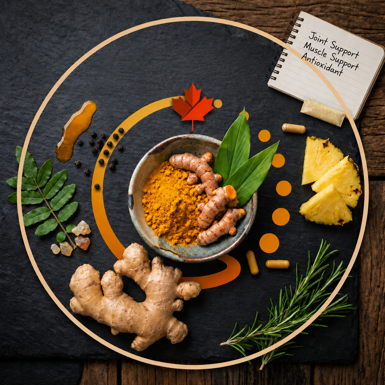 Natural anti-inflammatory support with turmeric, ginger, pineapple, rosemary and supplement capsules for joint and muscle comfort