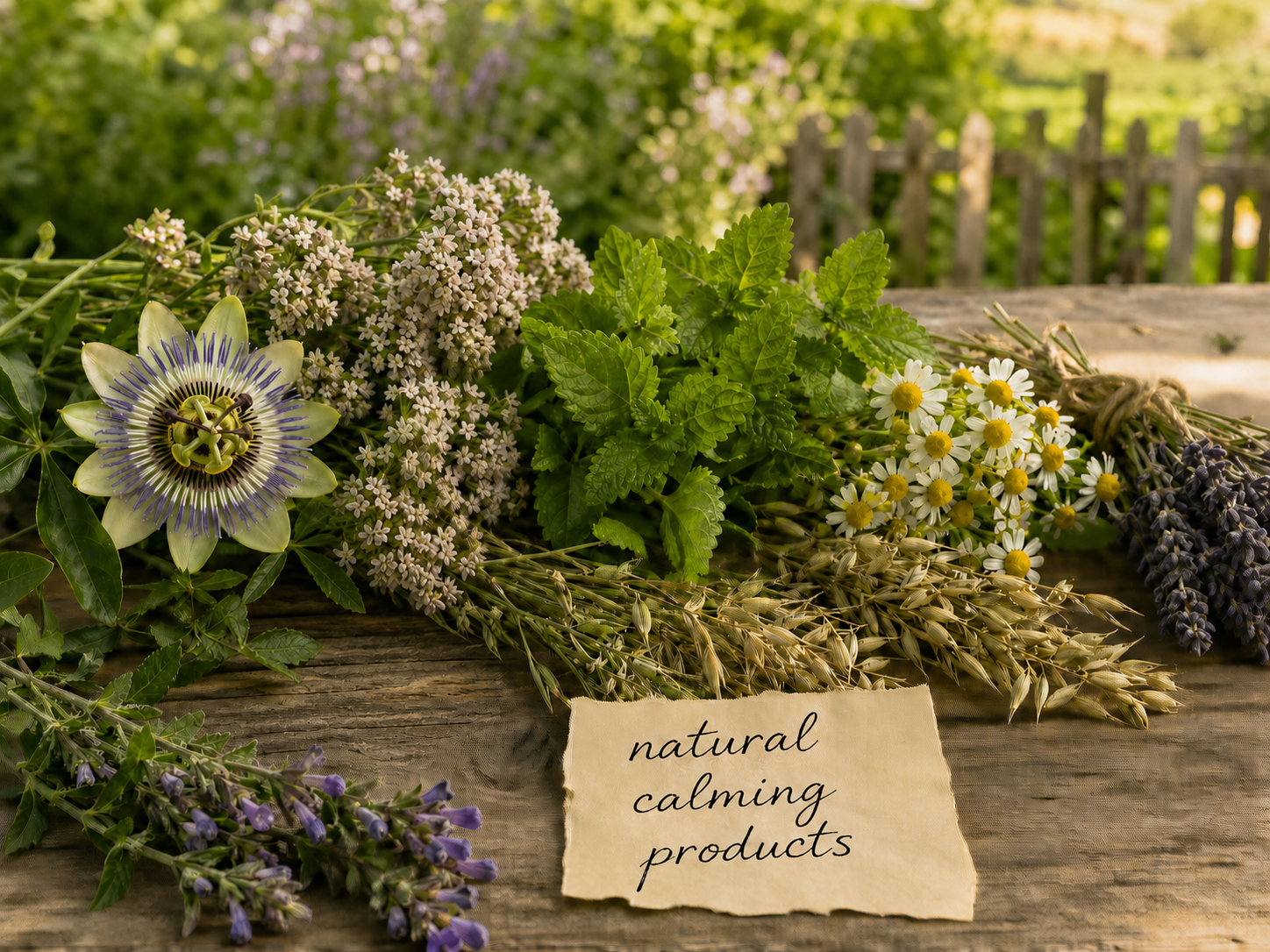 Natural calming products with passionflower, chamomile, lavender and soothing herbs for relaxation support