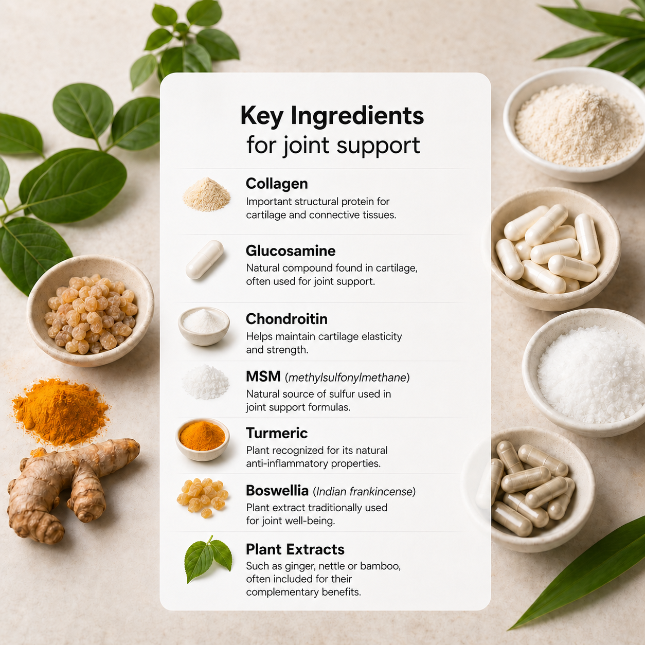 Key ingredients for joint support including collagen, glucosamine, chondroitin, MSM, turmeric, boswellia and plant extracts