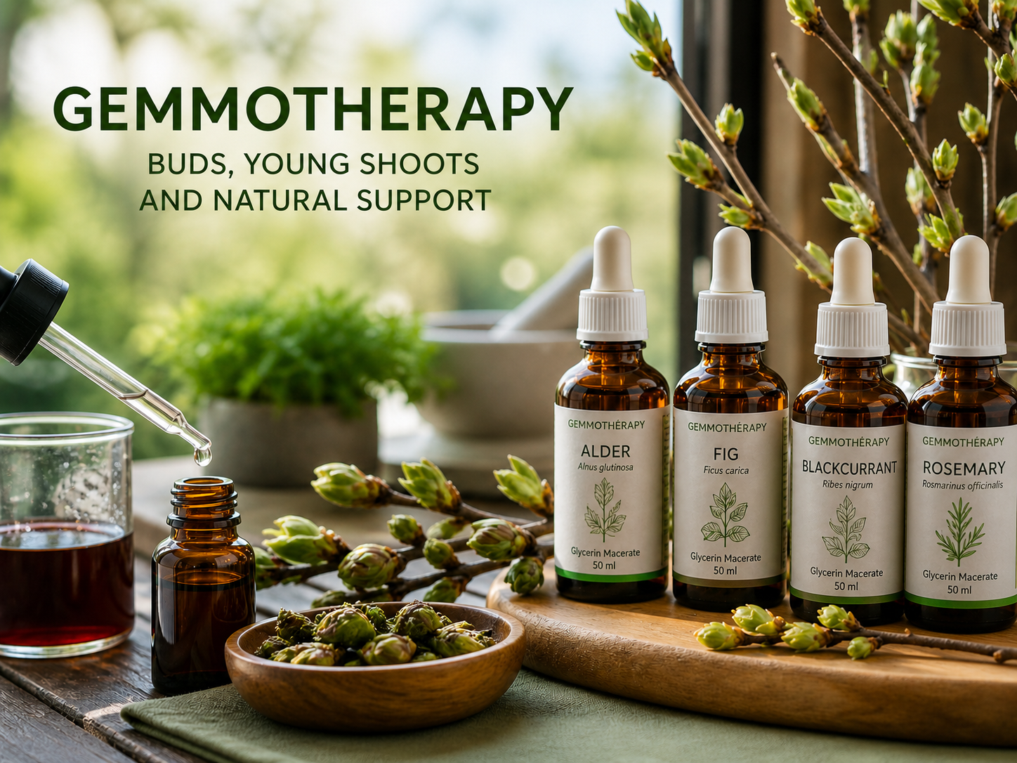 Gemmotherapy products with buds, young shoots and glycerin macerates for natural wellness support