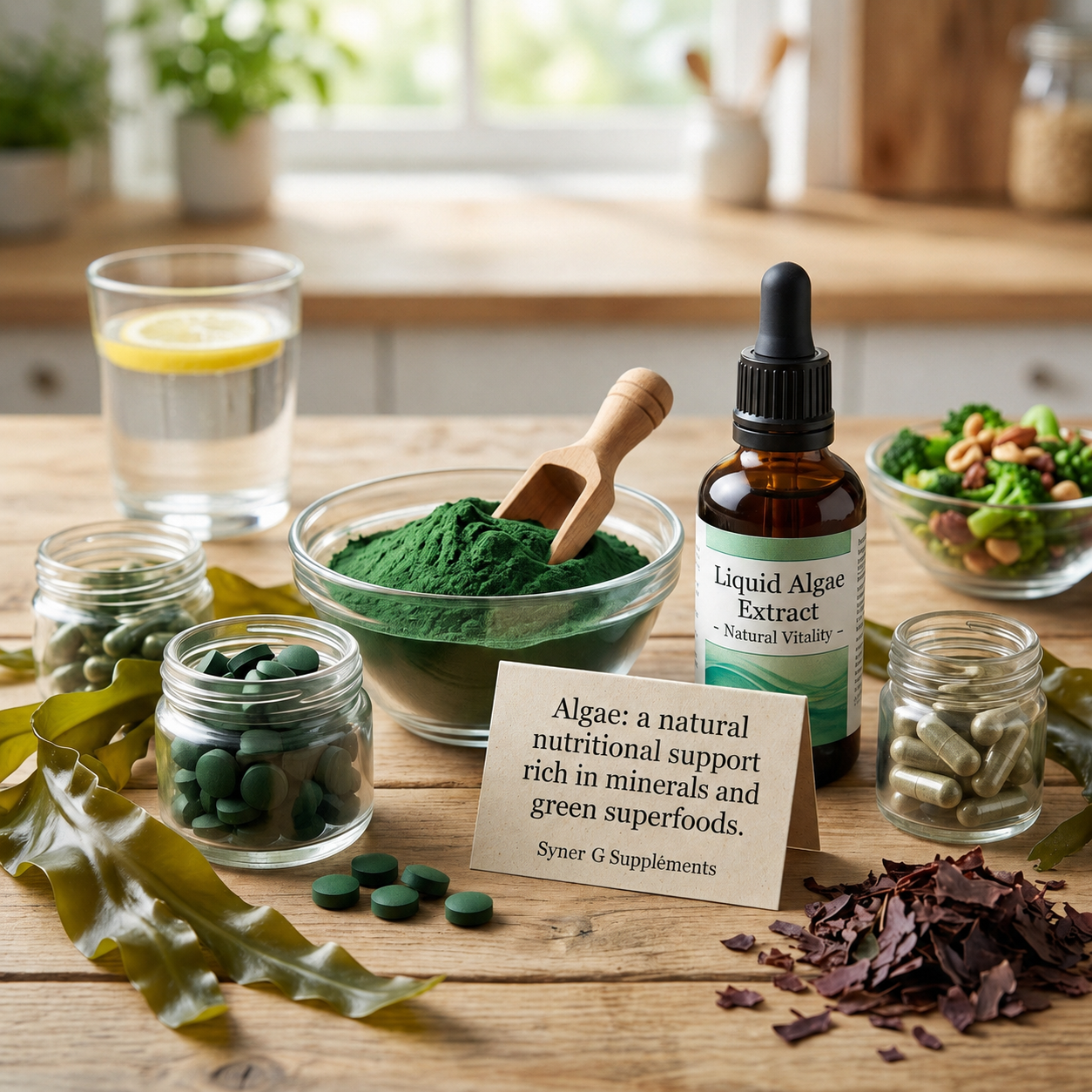 Algae supplements with green superfood powder, capsules and liquid algae extract for natural mineral support