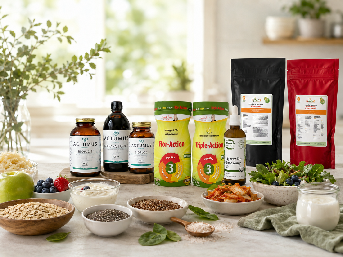 Produits naturels pour soutenir la santé intestinale avec probiotiques, fibres, aliments fermentés et suppléments digestifs