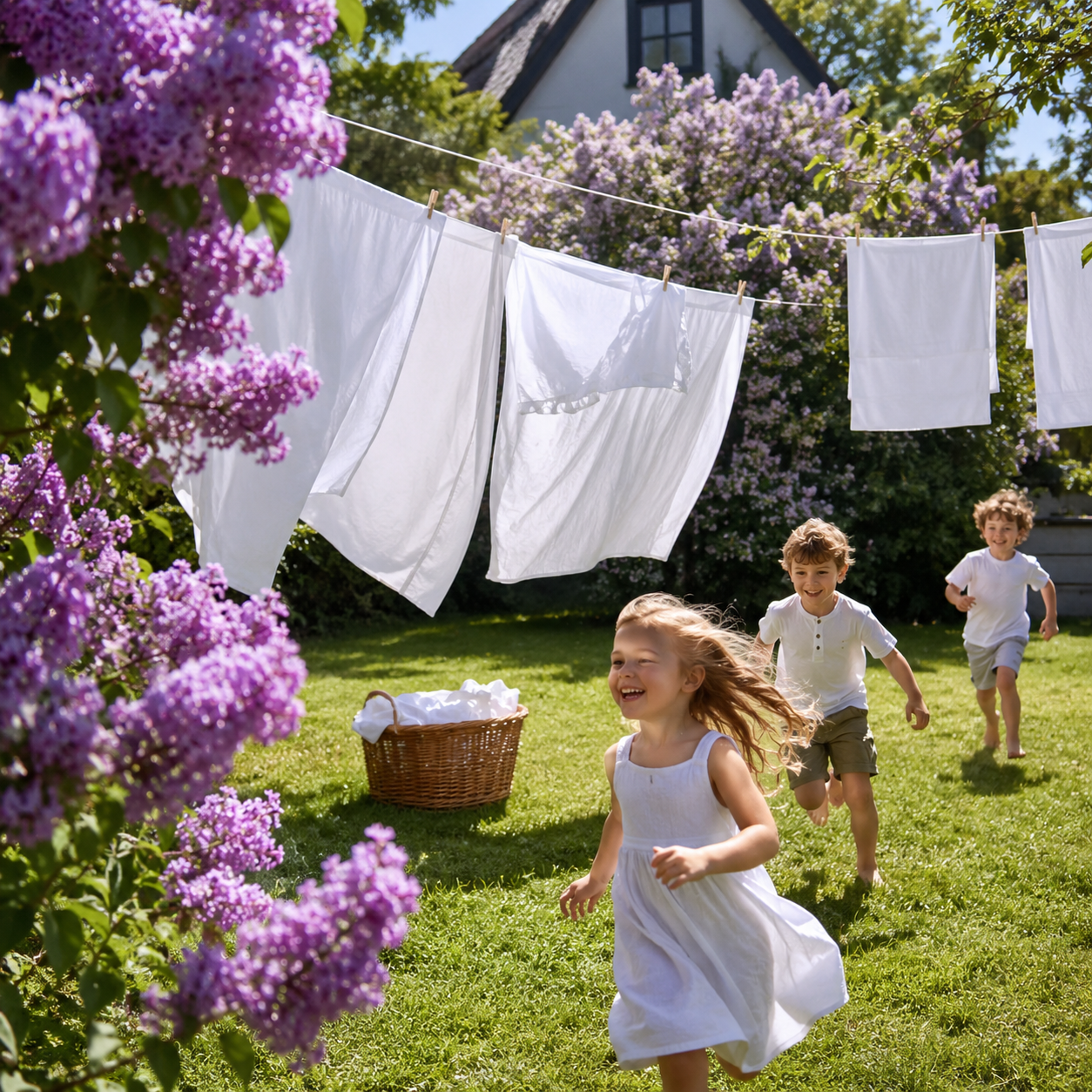 Enfants jouant dehors près de draps blancs sur une corde à linge pour illustrer la santé respiratoire